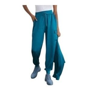 GSTQ Teal Green Satin Cargo Jogger‎ Pants Drawstring Pull-on S